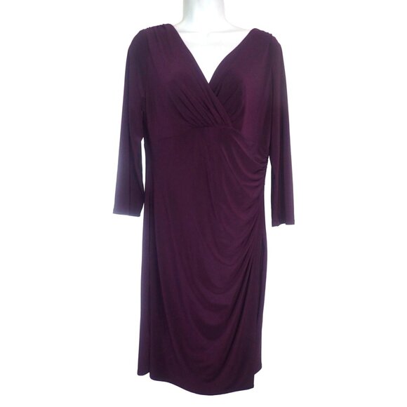 Lauren Ralph Lauren Purple 3/4 Sleeve Draped V-Neck‎ Dress 12 Classic - Picture 1 of 7